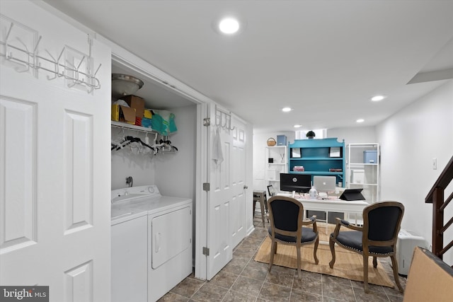 office with washer and clothes dryer, recessed lighting, and dark stone finish flooring