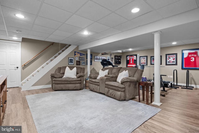 121 Beech Dr, Hatboro, PA 19040 - living room with light wood-style flooring, stairs, baseboards, a drop ceiling, and recessed lighting