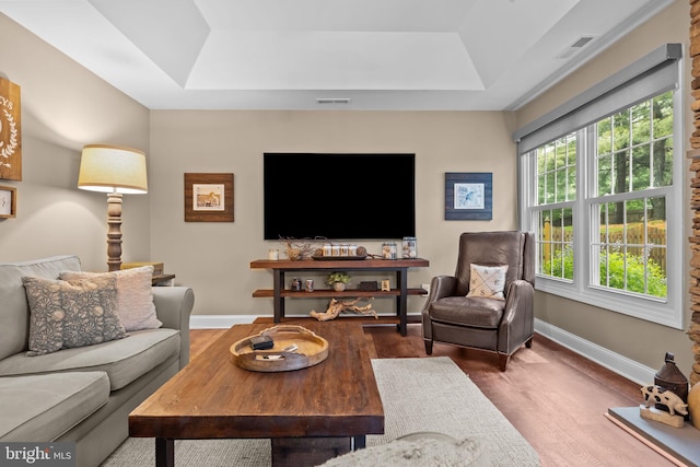 121 Beech Dr, Hatboro, PA 19040 - living room featuring a raised ceiling, wood finished floors, and baseboards