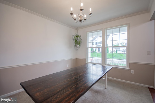 173 Tuscany Trl, Hedgesville, WV 25427 - unfurnished dining area with a chandelier, carpet floors, baseboards, and crown molding