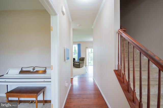173 Tuscany Trl, Hedgesville, WV 25427 - hall with crown molding, wood finished floors, baseboards, and stairs