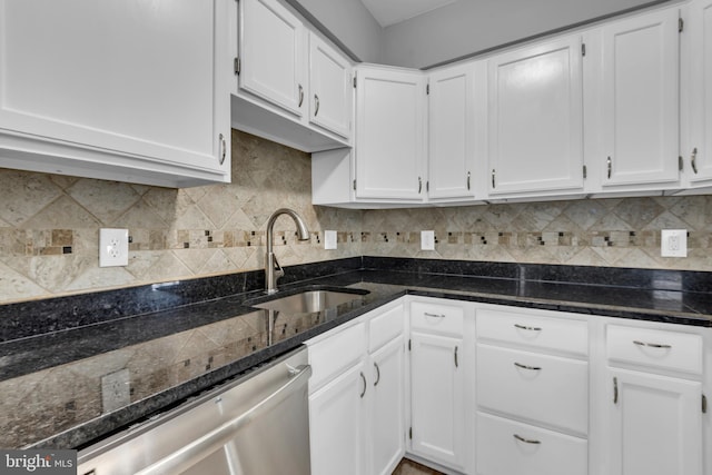 1223 Kendrick Rd, Baltimore, MD 21237 - kitchen with a sink, stainless steel dishwasher, white cabinetry, and backsplash