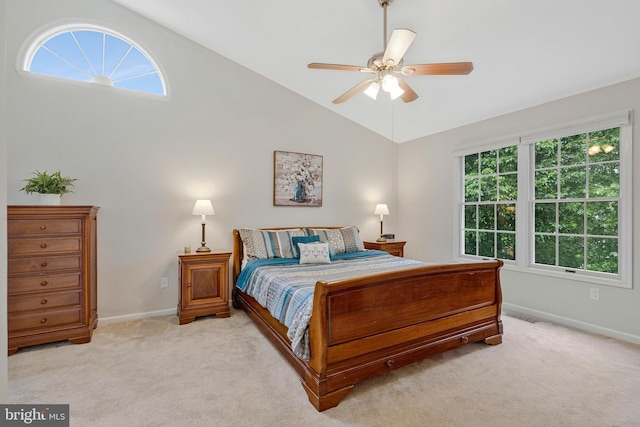 12641 Terrymill Dr, Herndon, VA 20170 - bedroom with light carpet, baseboards, vaulted ceiling, and a ceiling fan