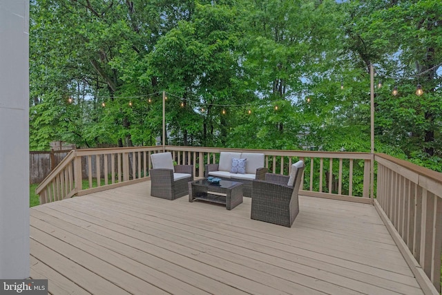 12641 Terrymill Dr, Herndon, VA 20170 - wooden deck with an outdoor hangout area and view of wooded area