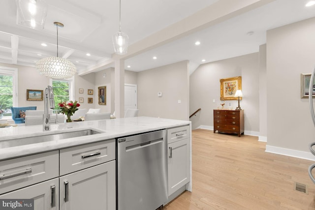 4324 14th St NW Unit 1, Washington, DC 20011 - kitchen with dishwasher, a sink, recessed lighting, coffered ceiling, and light wood-style floors