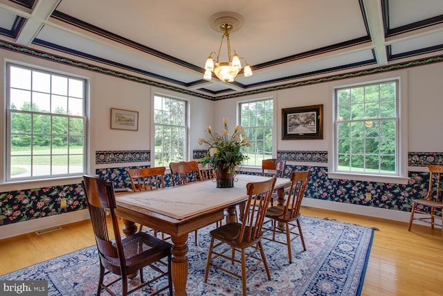 46369 Hattons Rest Ln, Lexington Park, MD 20653 - dining area featuring coffered ceiling, wallpapered walls, a chandelier, baseboards, and light wood-type flooring