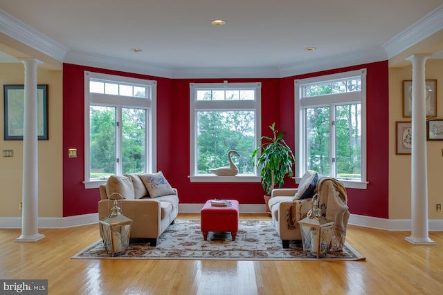 46369 Hattons Rest Ln, Lexington Park, MD 20653 - living area with ornate columns, wood finished floors, ornamental molding, and baseboards