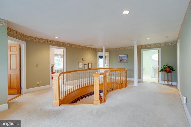 46369 Hattons Rest Ln, Lexington Park, MD 20653 - hall featuring an upstairs landing, light carpet, baseboards, recessed lighting, and decorative columns