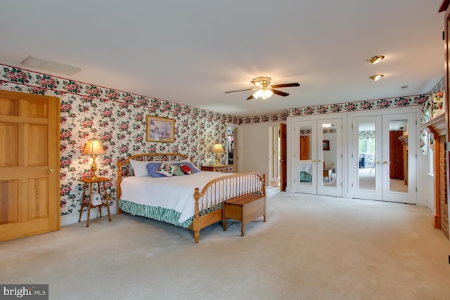 46369 Hattons Rest Ln, Lexington Park, MD 20653 - carpeted bedroom featuring access to exterior, wallpapered walls, french doors, and ceiling fan