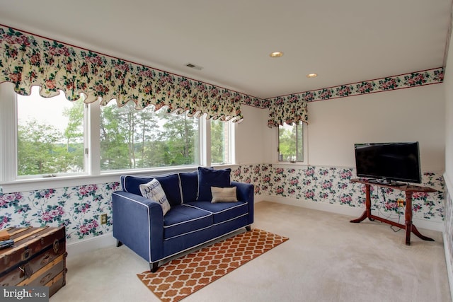 46369 Hattons Rest Ln, Lexington Park, MD 20653 - carpeted living area with wallpapered walls, baseboards, and recessed lighting