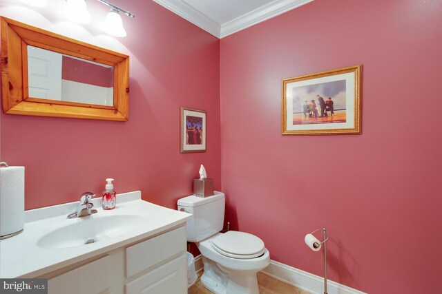 46369 Hattons Rest Ln, Lexington Park, MD 20653 - half bathroom featuring toilet, ornamental molding, and vanity
