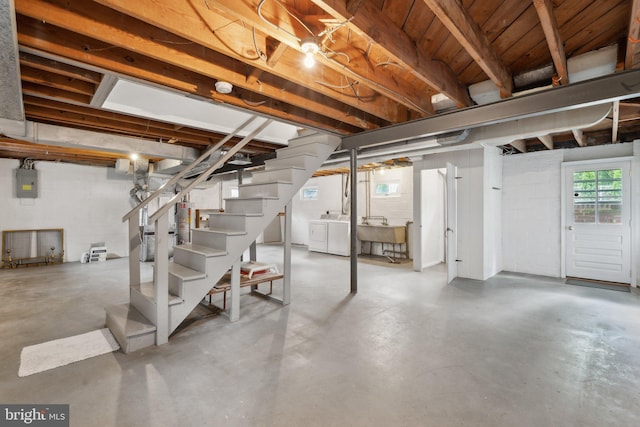 1725 Oakcrest Dr, Alexandria, VA 22302 - below grade area featuring washing machine and clothes dryer, electric panel, stairway, a sink, and concrete block wall