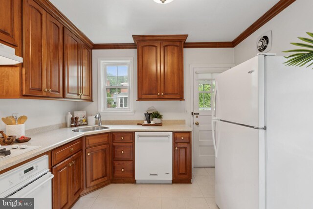 1725 Oakcrest Dr, Alexandria, VA 22302 - kitchen featuring white appliances, a sink, plenty of natural light, ornamental molding, and light countertops