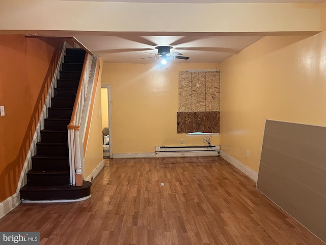 2412 N Corlies St, Philadelphia, PA 19132 - unfurnished living room featuring baseboard heating, a ceiling fan, wood finished floors, stairs, and baseboards