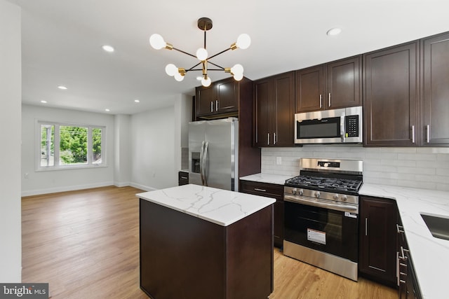 kitchen with appliances with stainless steel finishes, backsplash, a kitchen island, hanging light fixtures, and light wood-type flooring
