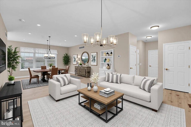 28 W Houndpack Way, Glen Mills, PA 19342 - living room with a chandelier, light wood-type flooring, baseboards, and recessed lighting