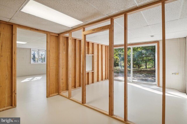 below grade area with a drop ceiling and concrete block wall