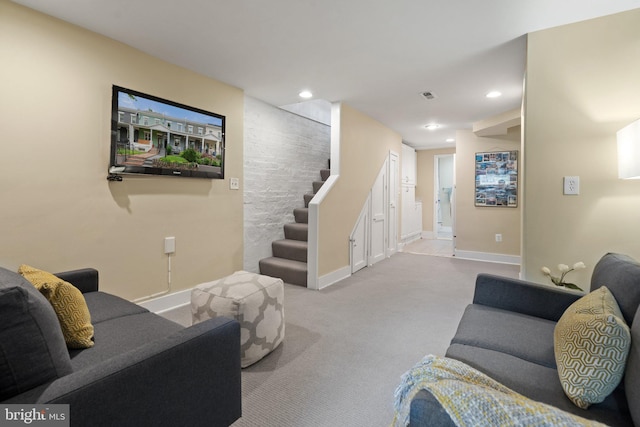 living area featuring stairway, carpet, recessed lighting, and baseboards