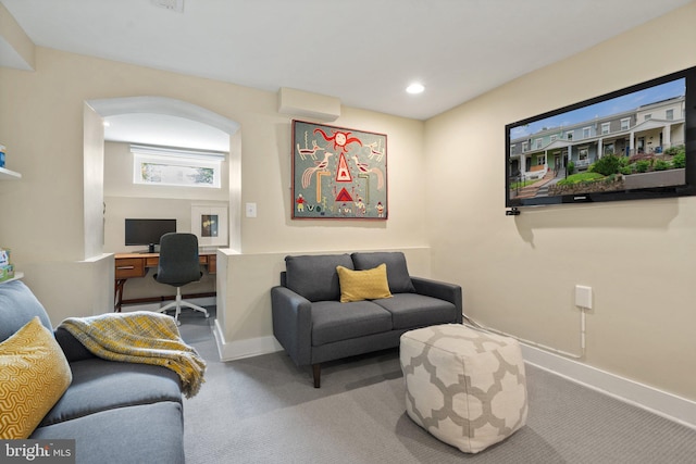 home office with carpet flooring, baseboards, and recessed lighting