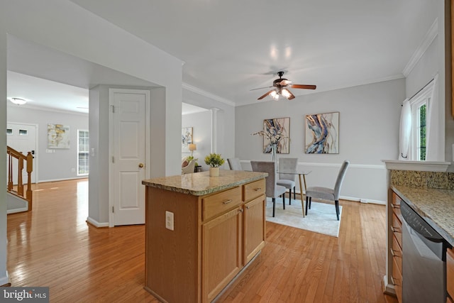 5948 Edgehill Ct, Alexandria, VA 22303 - kitchen featuring dishwasher, light wood-style flooring, ceiling fan, a center island, and ornamental molding