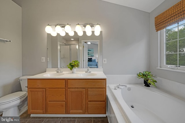 5948 Edgehill Ct, Alexandria, VA 22303 - ensuite bathroom with a shower stall, double vanity, a bath, toilet, and tile patterned floors