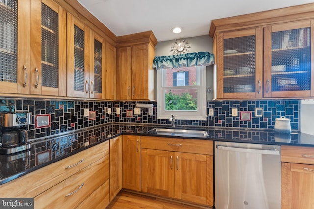 800 S Charles St, Baltimore, MD 21230 - kitchen featuring stainless steel dishwasher, a sink, glass insert cabinets, backsplash, and recessed lighting