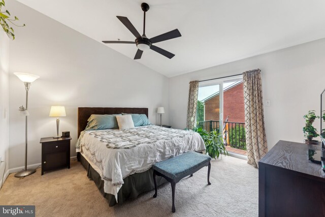 800 S Charles St, Baltimore, MD 21230 - bedroom with light colored carpet, access to exterior, vaulted ceiling, a ceiling fan, and baseboards