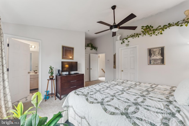 800 S Charles St, Baltimore, MD 21230 - bedroom featuring light carpet, ensuite bathroom, vaulted ceiling, and ceiling fan