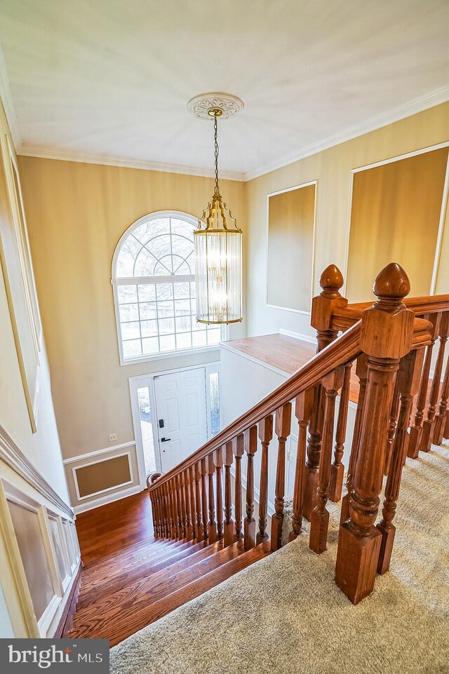 entryway with a chandelier, ornamental molding, stairs, and wood finished floors
