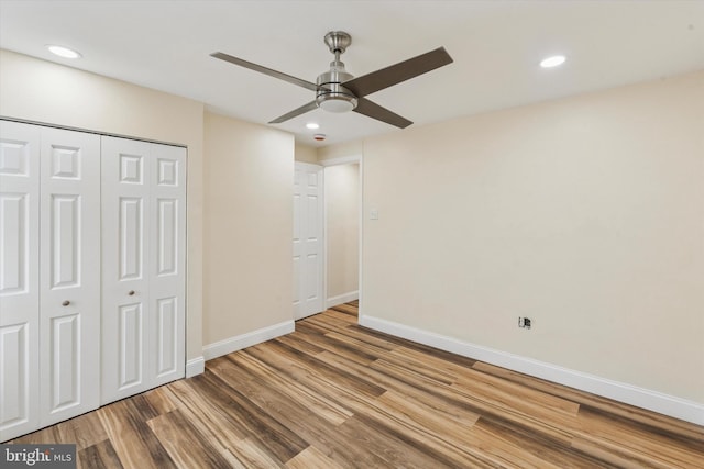 1611 N Cadwallader St, Philadelphia, PA 19122 - unfurnished bedroom with wood finished floors, baseboards, a closet, recessed lighting, and ceiling fan