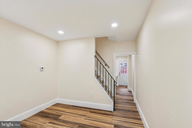 1611 N Cadwallader St, Philadelphia, PA 19122 - hallway with wood finished floors, baseboards, stairs, and recessed lighting