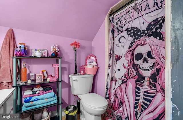 6126 Taylor St, Chincoteague Island, VA 23336 - full bath with vaulted ceiling, toilet, curtained shower, and vanity