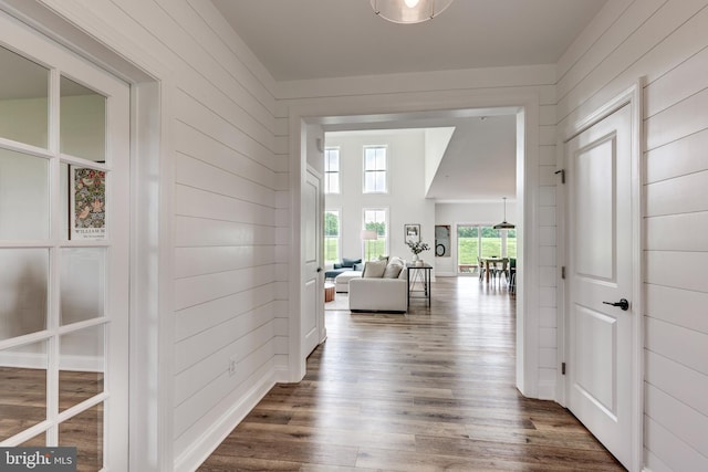 3471 Bullfrog Rd, Taneytown, MD 21787 - hall featuring dark wood-style flooring and wood walls