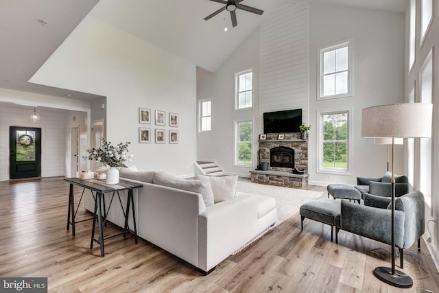 3471 Bullfrog Rd, Taneytown, MD 21787 - living room with high vaulted ceiling, wood finished floors, ceiling fan, and a fireplace