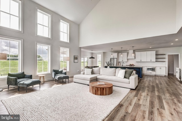3471 Bullfrog Rd, Taneytown, MD 21787 - living room featuring high vaulted ceiling, wood finished floors, baseboards, and recessed lighting