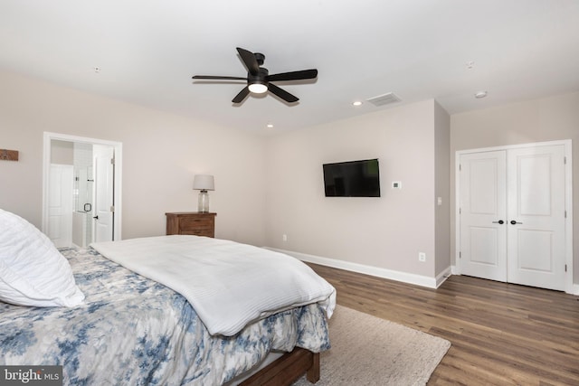 3471 Bullfrog Rd, Taneytown, MD 21787 - bedroom featuring wood finished floors, baseboards, recessed lighting, a ceiling fan, and a closet