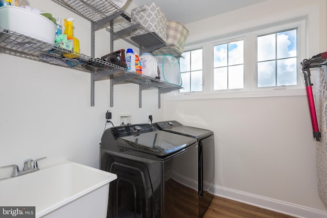 3471 Bullfrog Rd, Taneytown, MD 21787 - washroom with washer and dryer, wood finished floors, and baseboards
