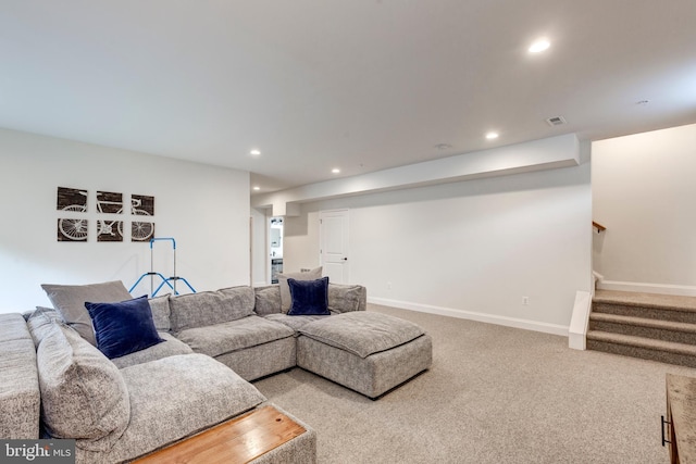 3471 Bullfrog Rd, Taneytown, MD 21787 - carpeted living area with recessed lighting, stairs, and baseboards