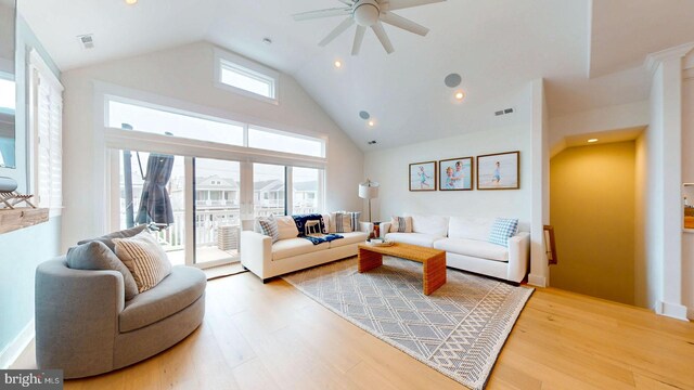 625 Bay Ave, Ocean City, NJ 08226 - living room with light wood-style flooring, ceiling fan, high vaulted ceiling, and recessed lighting