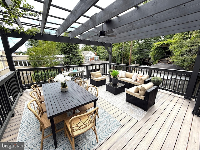 3828 T St NW, Washington, DC 20007 - wooden deck with a pergola, an outdoor living space, a ceiling fan, and outdoor dining area