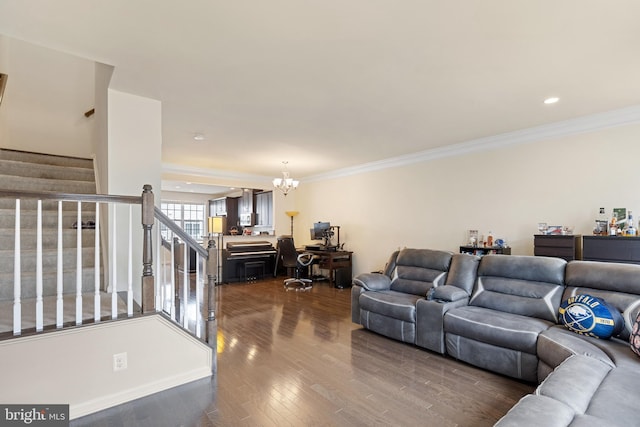 43008 Paris Gap Sq, Ashburn, VA 20148 - living room with an office area, wood finished floors, a chandelier, stairs, and ornamental molding