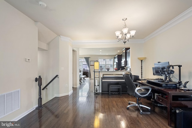 43008 Paris Gap Sq, Ashburn, VA 20148 - home office featuring a chandelier, dark wood-style flooring, crown molding, and baseboards