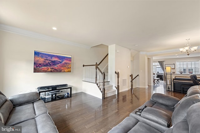 43008 Paris Gap Sq, Ashburn, VA 20148 - living area with stairs, wood finished floors, crown molding, a chandelier, and recessed lighting