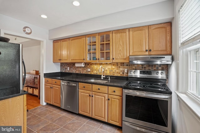 865 Azalea Dr Unit 26-865, Rockville, MD 20850 - kitchen featuring appliances with stainless steel finishes, under cabinet range hood, a sink, glass insert cabinets, and decorative backsplash