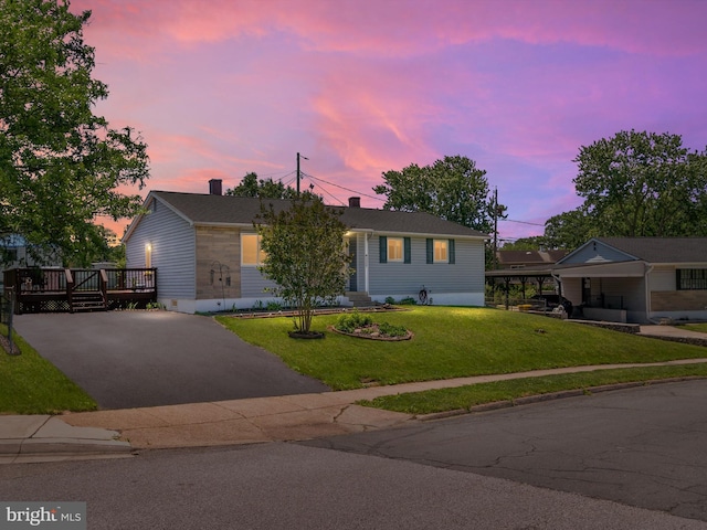 3357 Old Line Ave, Laurel, MD 20724 - ranch-style house featuring a deck, asphalt driveway, a yard, and a chimney