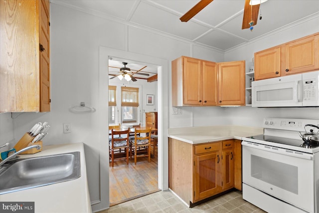 118 Parkwood St, Bethany Beach, DE 19930 - kitchen with white appliances, ceiling fan, a sink, light countertops, and ornamental molding