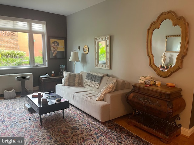 living room featuring healthy amount of natural light, baseboards, and wood finished floors