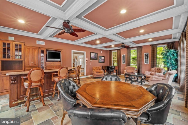 217 Rising Meadow Way E, Stroudsburg, PA 18302 - dining space with a ceiling fan, stone tile floors, coffered ceiling, crown molding, and recessed lighting