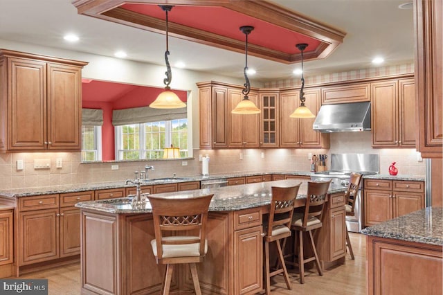 217 Rising Meadow Way E, Stroudsburg, PA 18302 - kitchen featuring range hood, appliances with stainless steel finishes, a kitchen island with sink, brown cabinets, and a sink
