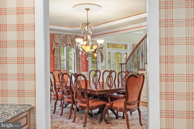 217 Rising Meadow Way E, Stroudsburg, PA 18302 - dining room featuring a chandelier, stairs, and crown molding